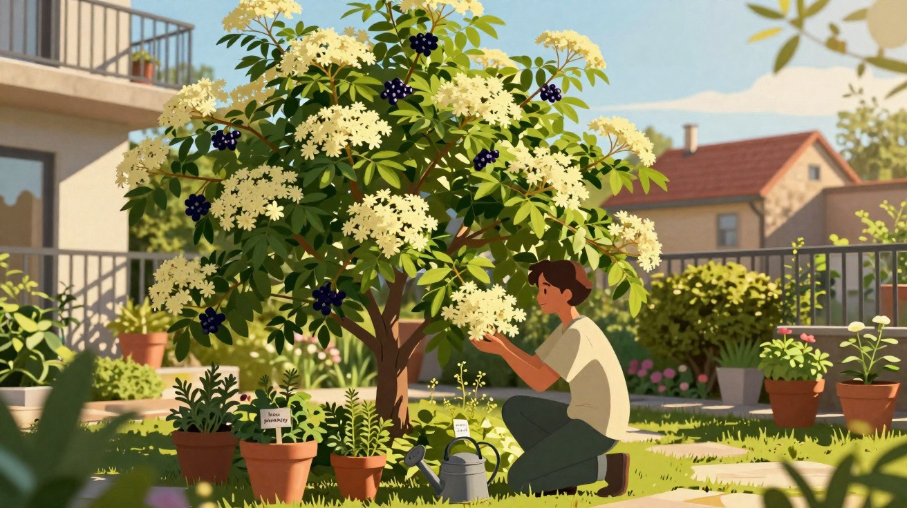 Pessoa a cuidar de uma árvore florida num jardim com várias plantas em vasos de manhã soalheira.