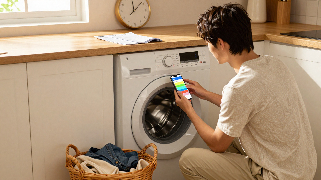 Homem a controlar máquina de lavar roupa com smartphone numa cozinha moderna, com cesto de roupa ao lado.