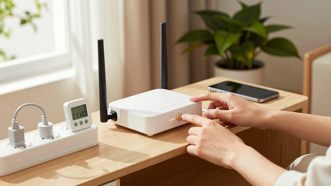 Mãos ligam router branco com duas antenas numa mesa de madeira perto de smartphone e tomada elétrica.