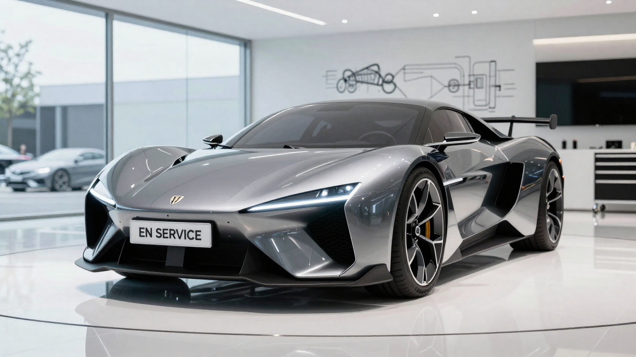 Carro desportivo cinza metálico numa oficina moderna com placa "EN SERVICE" à frente.