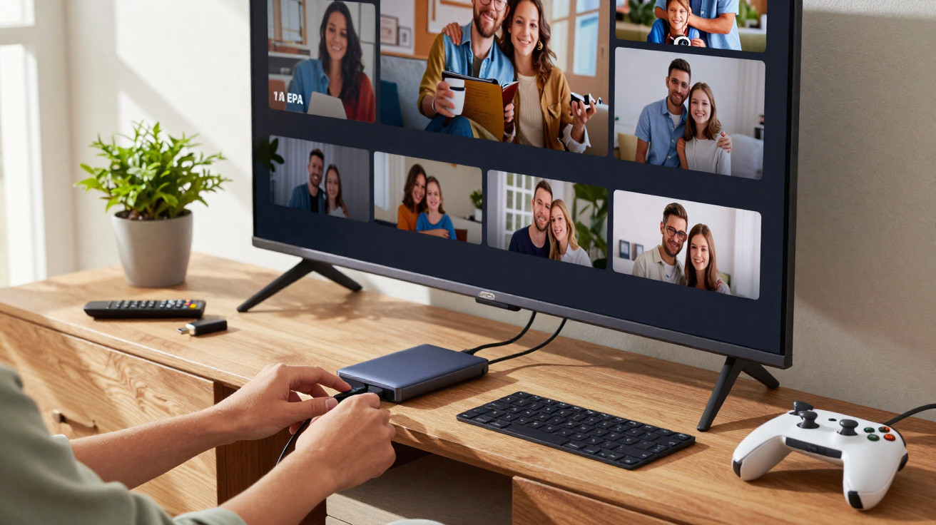 Pessoa a usar computador para videoconferência com várias pessoas exibidas no ecrã da televisão numa sala iluminada.