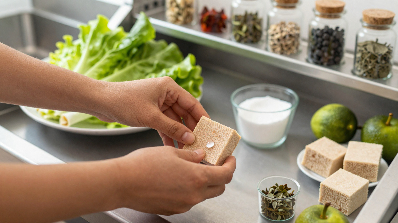 Mãos seguram cubo de fermento na cozinha com alface, especiarias, sal e frutas verdes ao fundo.
