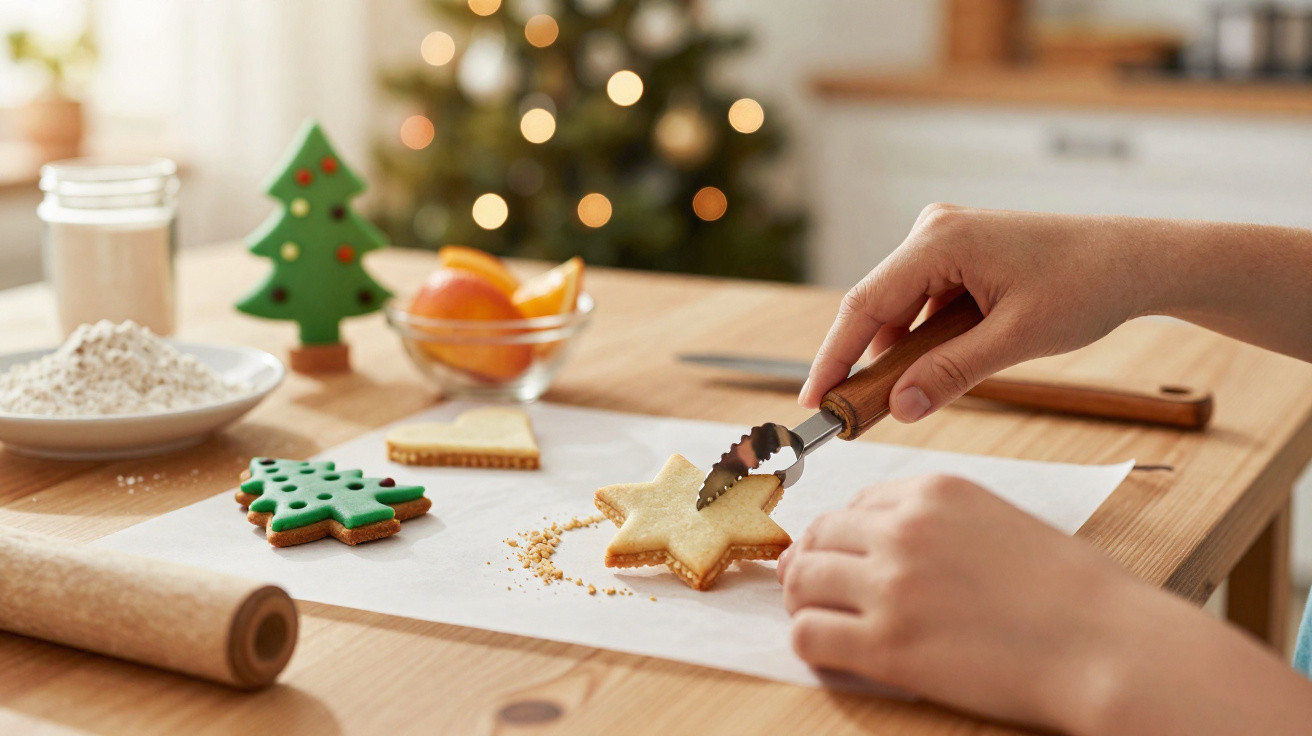 Pessoa a decorar bolachas de Natal em forma de estrela e árvore num ambiente acolhedor.