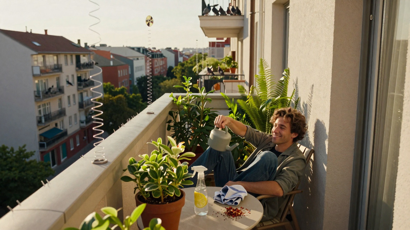 Homem sentado numa varanda a regar plantas ao sol da tarde em prédio urbano.
