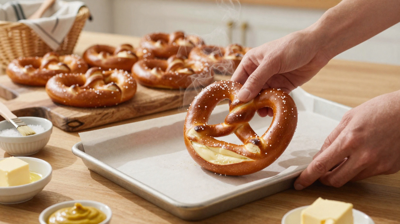 Mãos a colocar um pretzel quente e polvilhado com sal numa tabuleiro de forno, com manteiga e mostarda à volta.