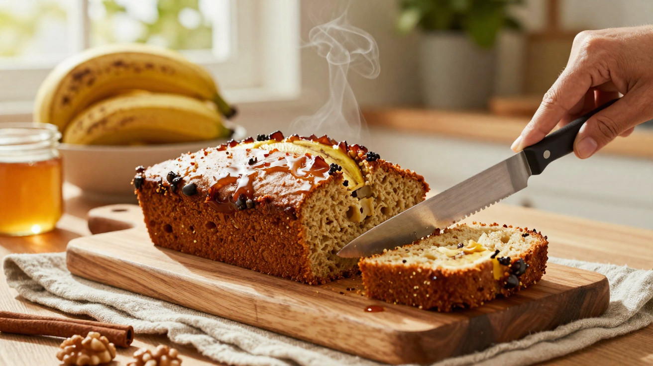 Bolo de banana com especiarias a ser cortado numa tábua de madeira numa cozinha iluminada.