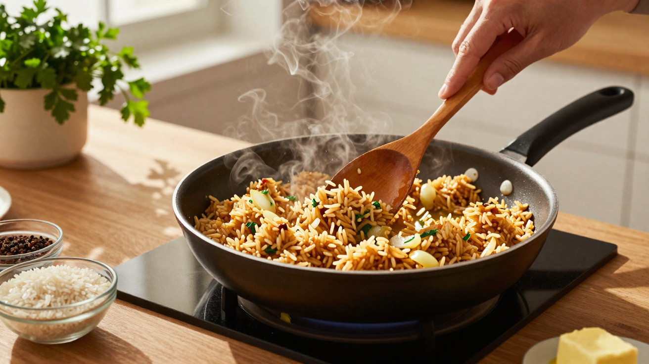 Risoto a cozinhar numa frigideira no fogão com mão a mexer com colher de pau, em ambiente de cozinha.