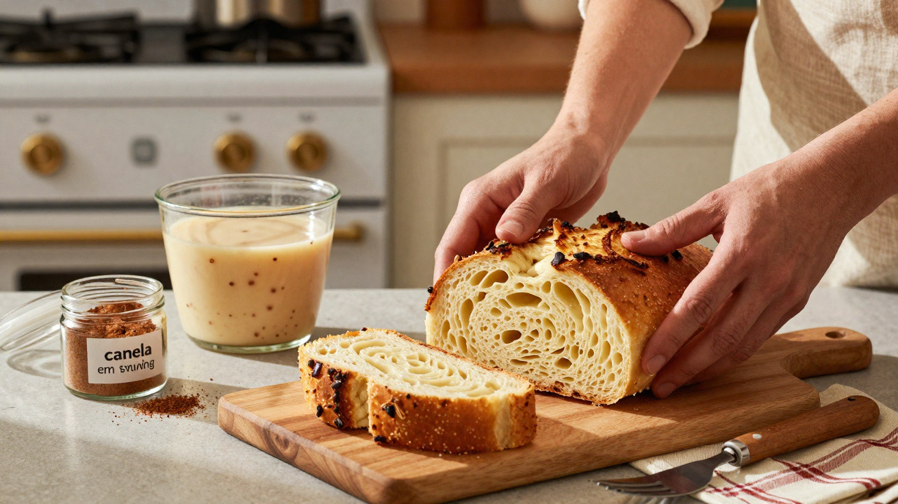 Pessoa a cortar pão folhado numa tábua de madeira, com frasco de canela e bebida cremosa ao lado.