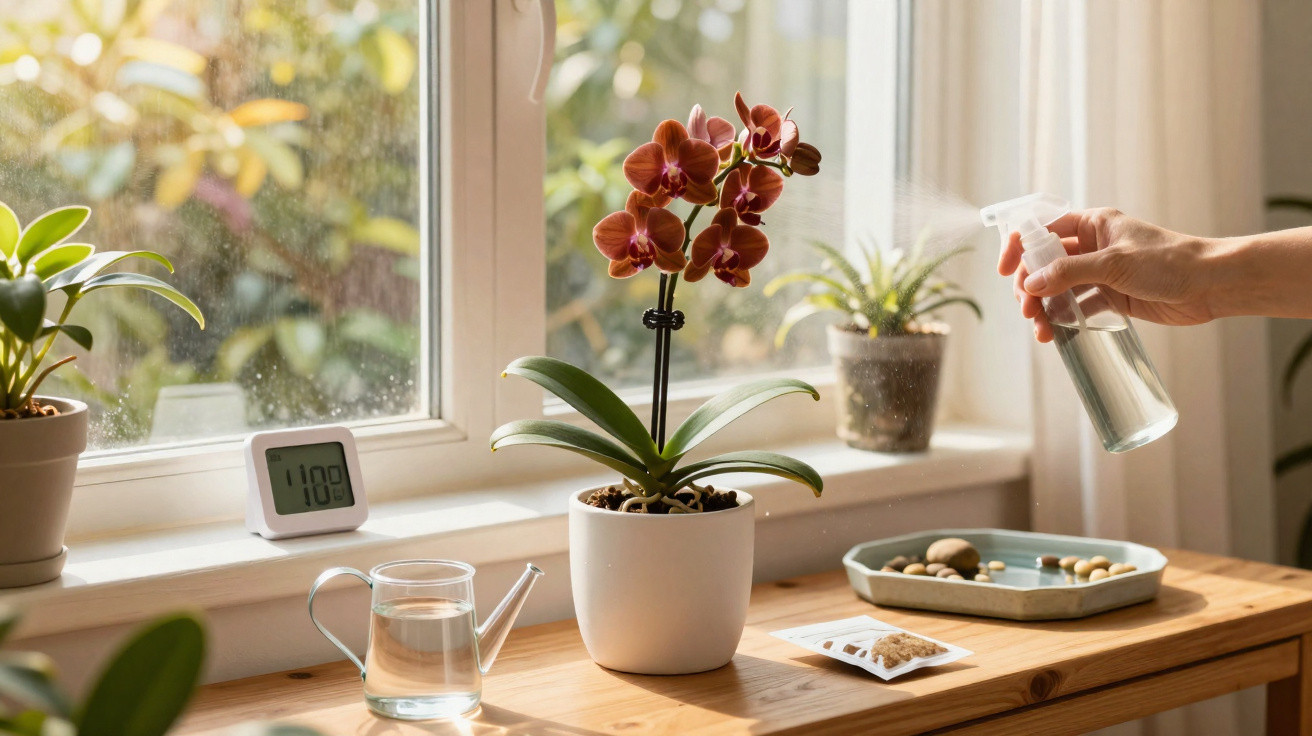 Mão a pulverizar orquídea vermelha numa jarra branca junto à janela com plantas e regador.