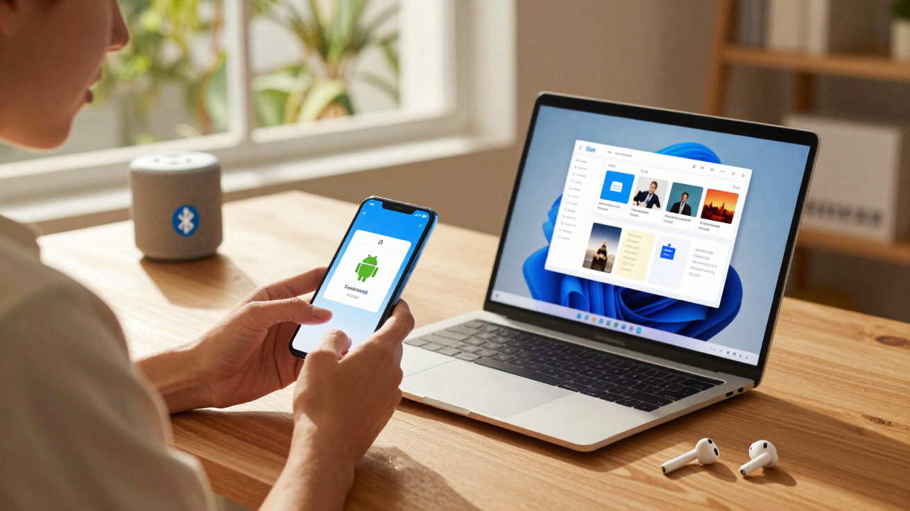 Pessoa a usar smartphone com logo Android e computador portátil aberto numa aplicação de gestão de ficheiros.