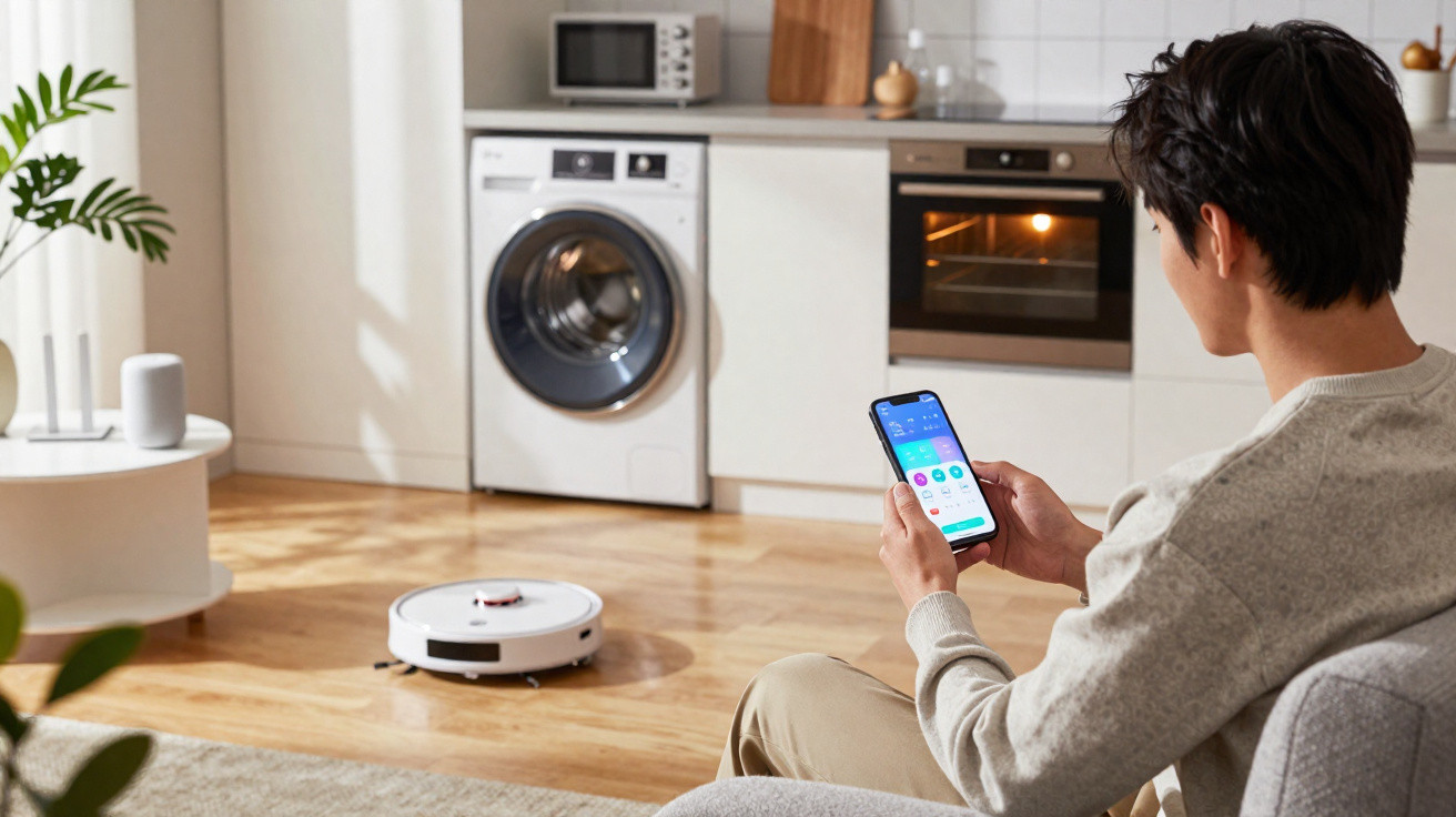 Pessoa sentada num sofá a controlar um robot aspirador com um smartphone numa sala moderna.