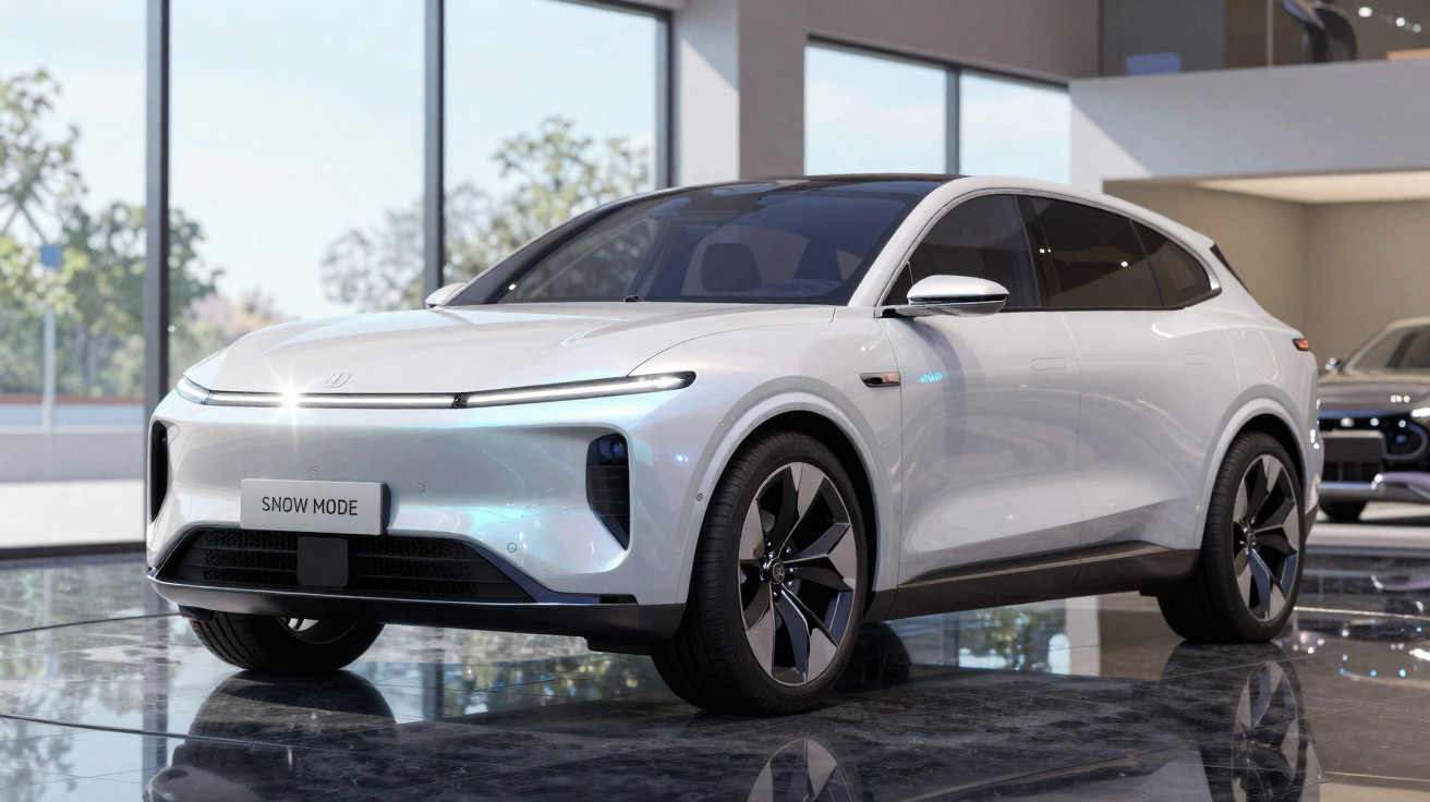 Carro elétrico branco moderno num salão com piso de mármore e grandes janelas ao fundo.