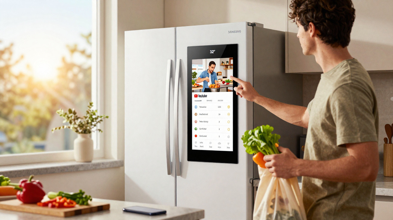 Homem a interagir com frigorífico inteligente com ecrã tátil na cozinha, segurando vegetais e saco de compras.