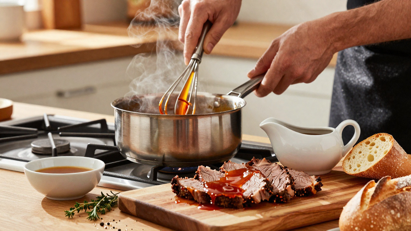 Pessoa a preparar molho quente numa panela enquanto fatia carne assada numa tábua de madeira na cozinha.