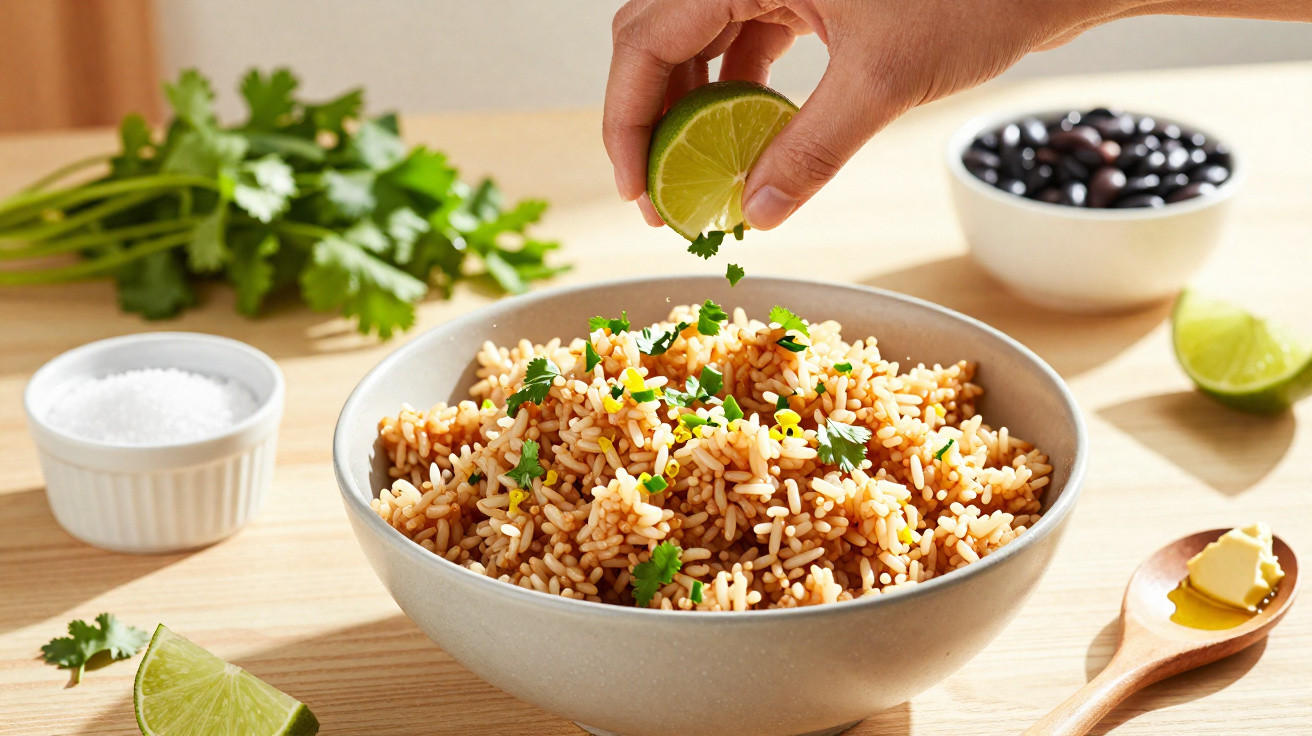 Mão a espremer limão sobre arroz temperado com coentros, com tigelas de feijão, sal e manteiga ao fundo.