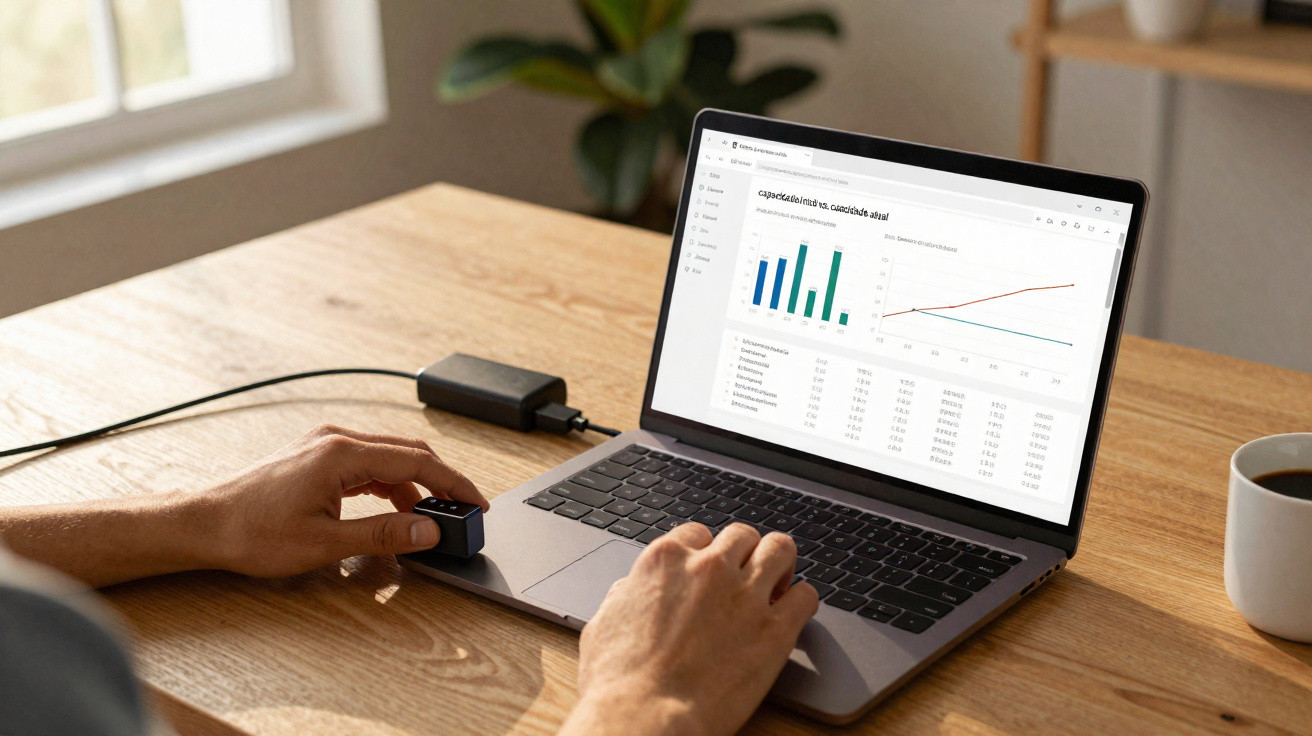 Pessoa a usar computador portátil com gráficos financeiros no ecrã numa mesa de madeira.