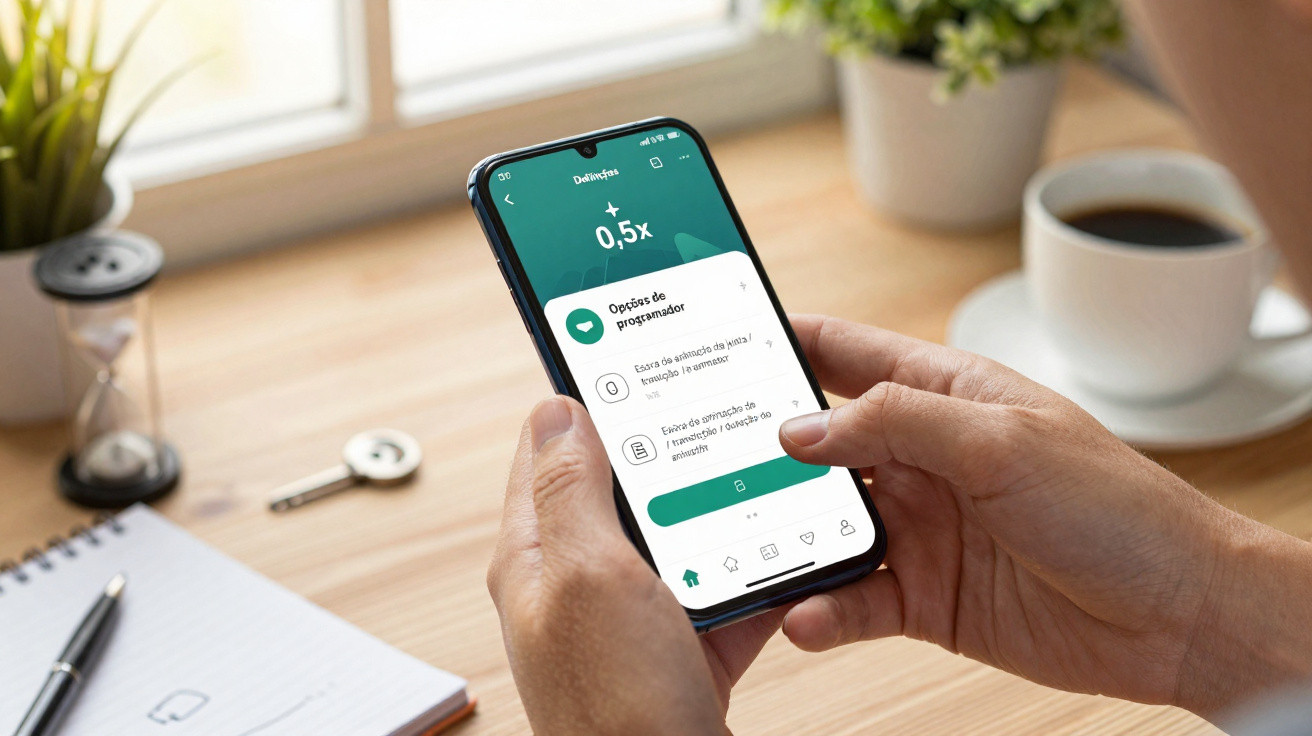 Pessoa a segurar um smartphone com uma aplicação aberta, num ambiente de escritório com café e caderno.