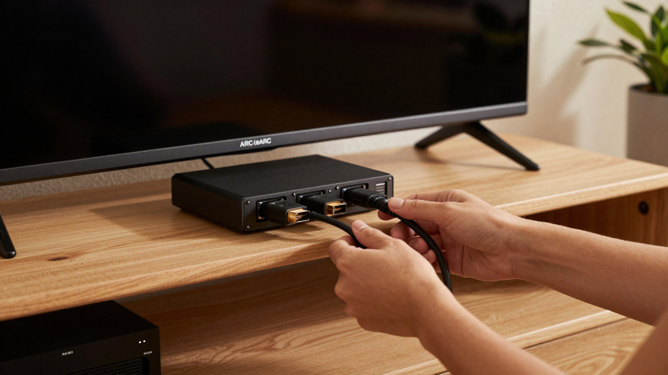 Mãos a ligar cabos HDMI a um conversor ARC ARC junto a uma televisão num móvel de madeira.