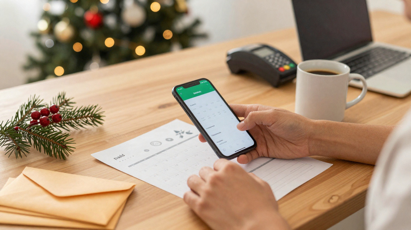 Pessoa a consultar calendário no telemóvel, com mesa de madeira, calendário, computador e árvore de Natal desfocada.