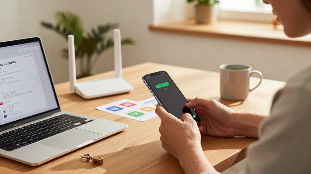 Pessoa a usar smartphone junto de portátil, router e caneca numa mesa de trabalho iluminada.