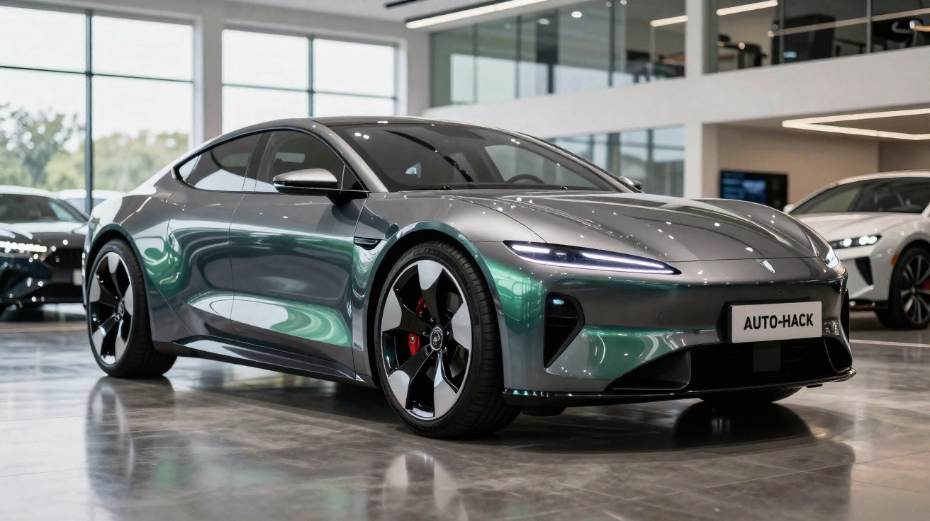 Carro desportivo moderno prateado em exposição numa sala de showroom com janelas amplas e luz natural.