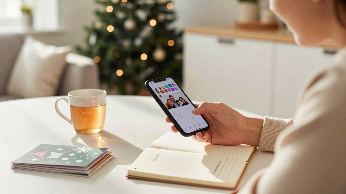Pessoa sentada à mesa com telemóvel na mão, aberta uma agenda e uma chávena de chá, árvore de Natal ao fundo.