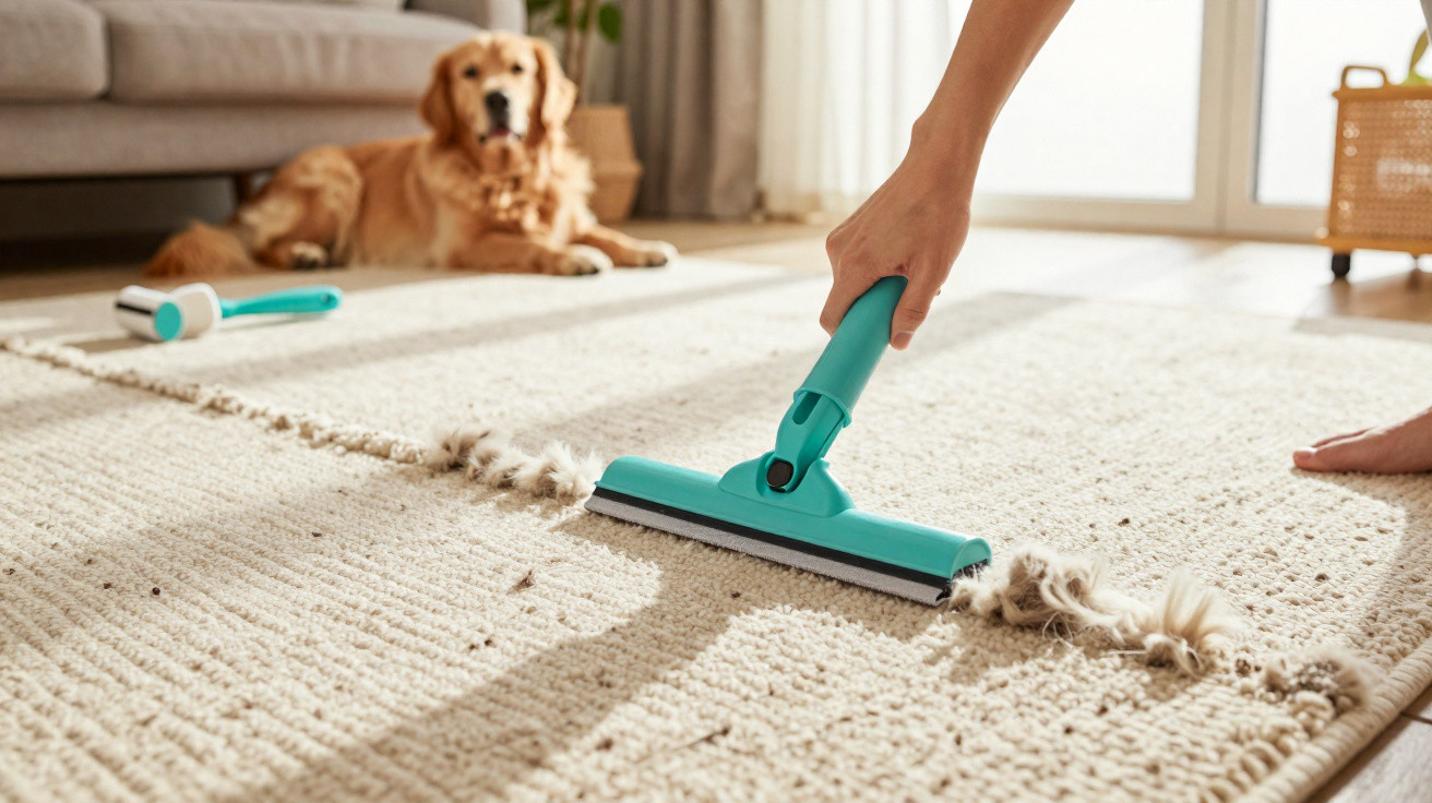 Mão a usar rolo removedor de pelos num tapete, com cão deitado ao fundo numa sala iluminada.