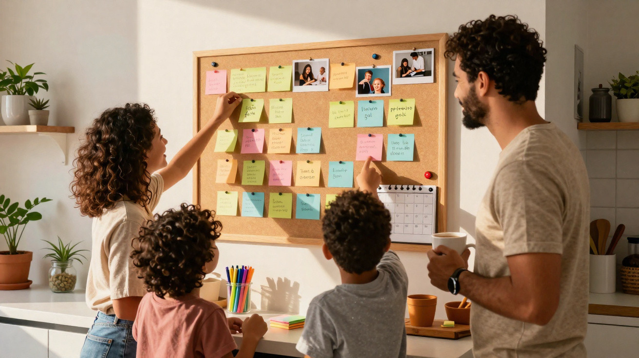 Família com duas crianças organiza notas coloridas num painel de cortiça numa cozinha iluminada.