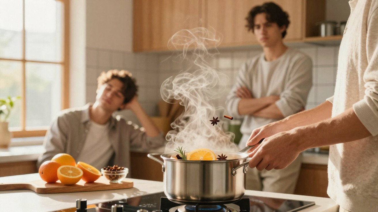 Mãos mexem panela a ferver com especiarias e citrinos na cozinha, enquanto dois jovens observam ao fundo.