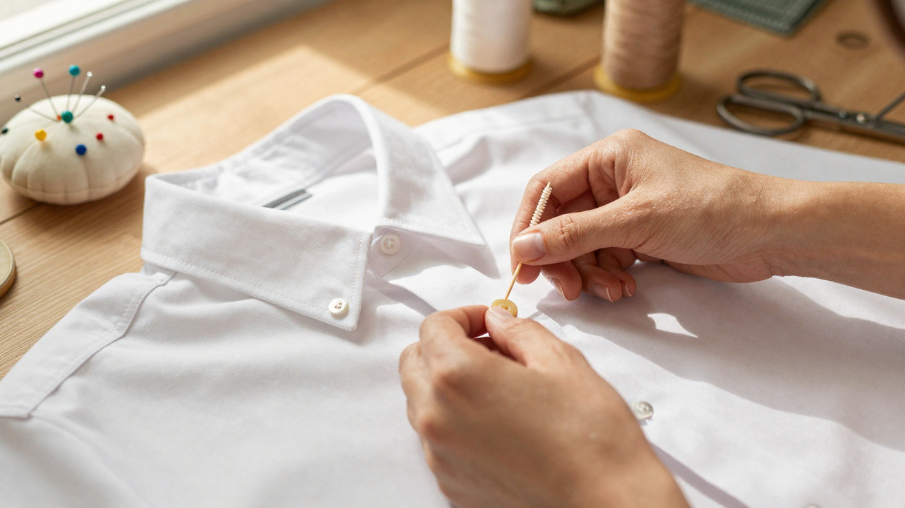 Pessoa a coser um botão branco numa camisa branca, com alfinetes e linhas ao lado numa mesa de madeira.