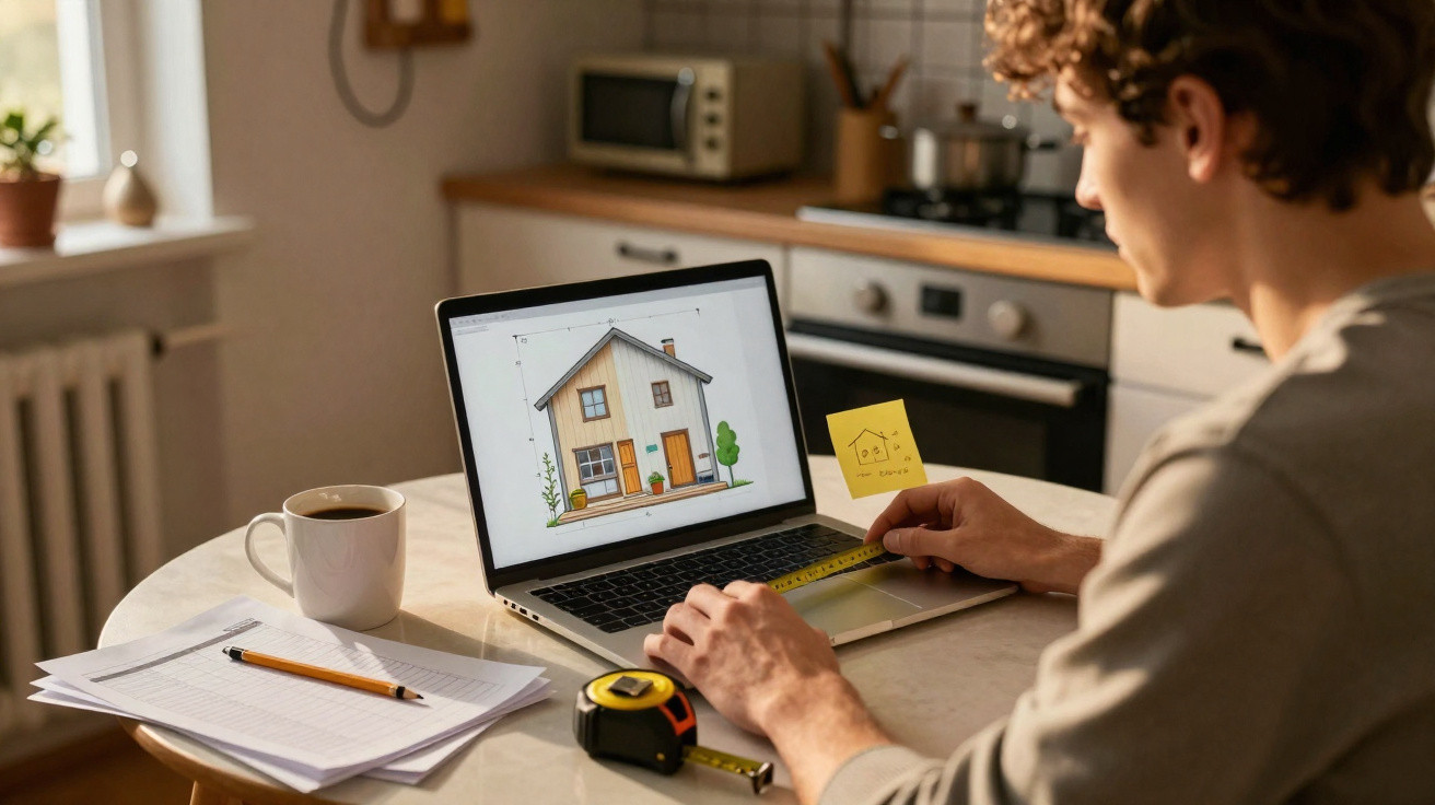 Pessoa a trabalhar no desenho de uma casa num computador portátil numa cozinha, com fita métrica e notas.