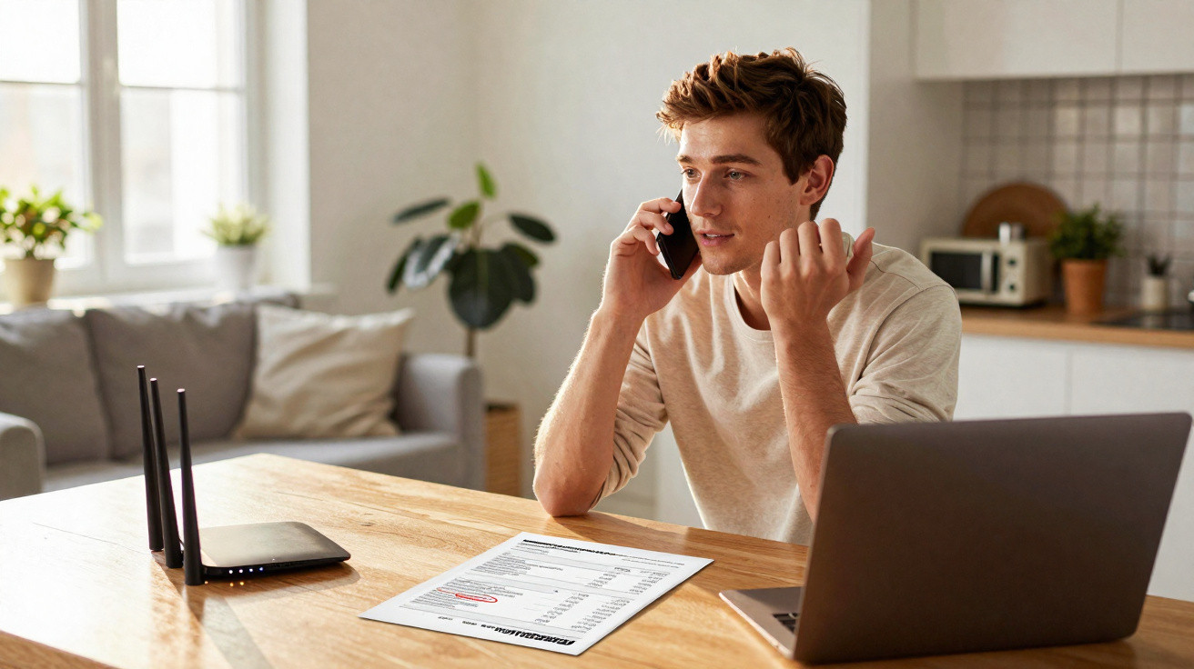 Homem sentado à mesa com portátil, a falar ao telefone e a analisar documento em ambiente doméstico.
