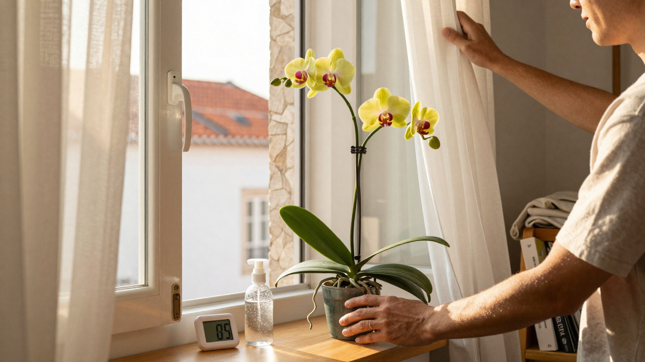Pessoa a abrir cortina junto a orquídea amarela numa janela com garrafa de gel desinfetante e termómetro.