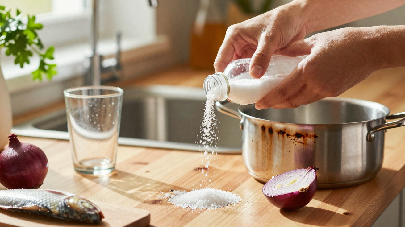 Mãos a deitar sal para uma panela, com cebola roxa cortada, peixe e copo sobre bancada de cozinha.