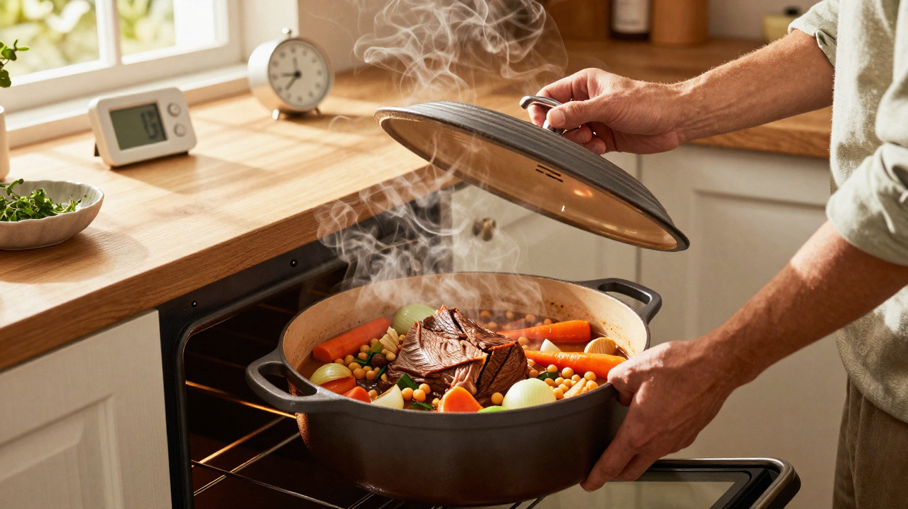 Pessoa a retirar panela com carne e legumes a vapor do forno numa cozinha iluminada pela janela.