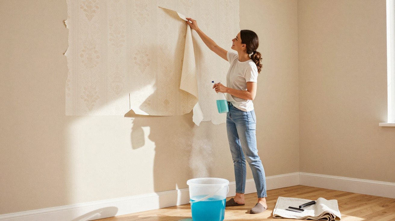 Mulher a remover papel de parede da parede de uma divisão com balde e pulverizador no chão.