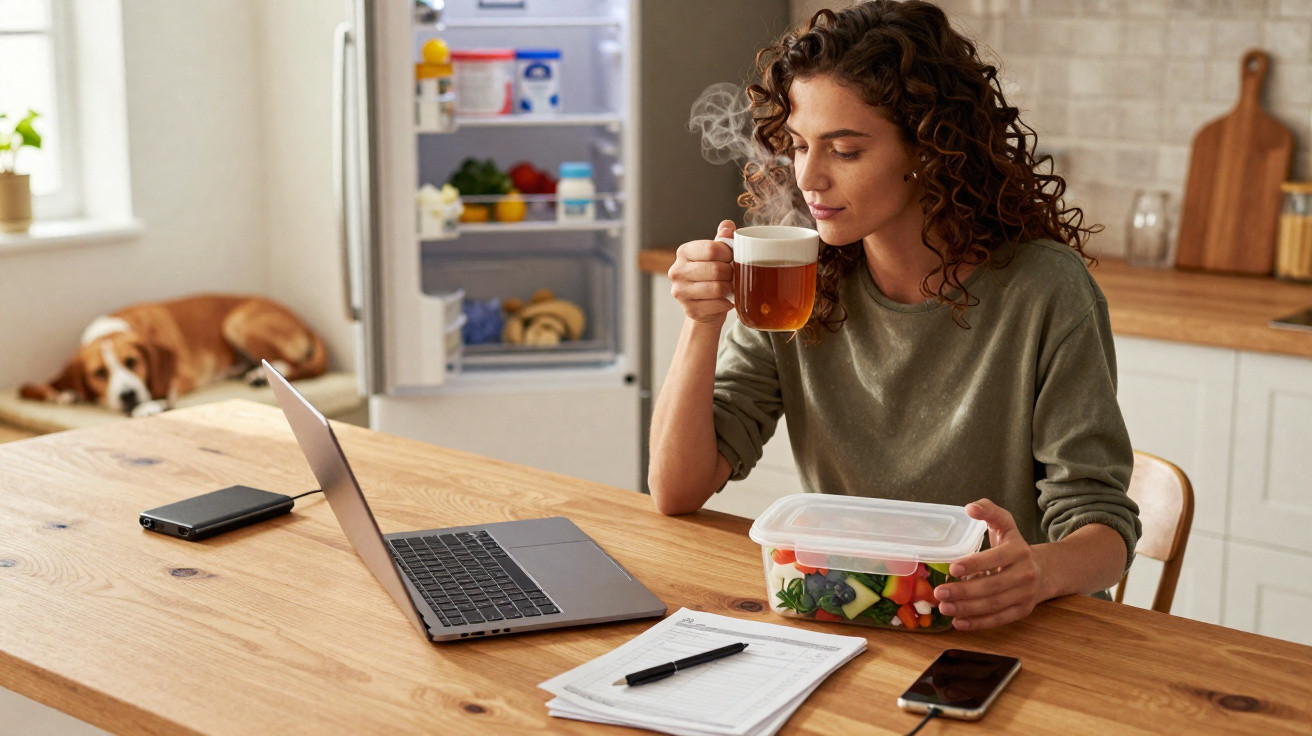 Mulher a beber chá e a segurar recipiente com comida saudável enquanto trabalha num portátil na cozinha.