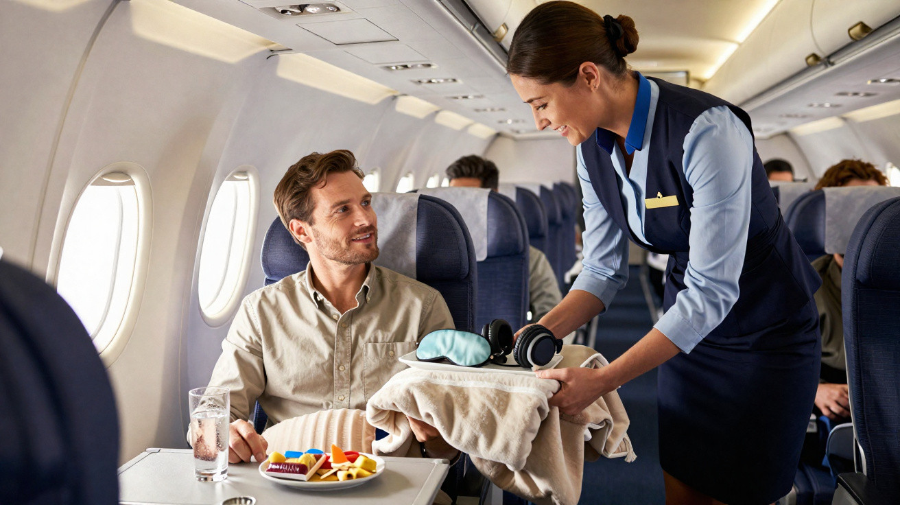 Tripulante de cabine serve mantas e auscultadores a passageiro num avião comercial.