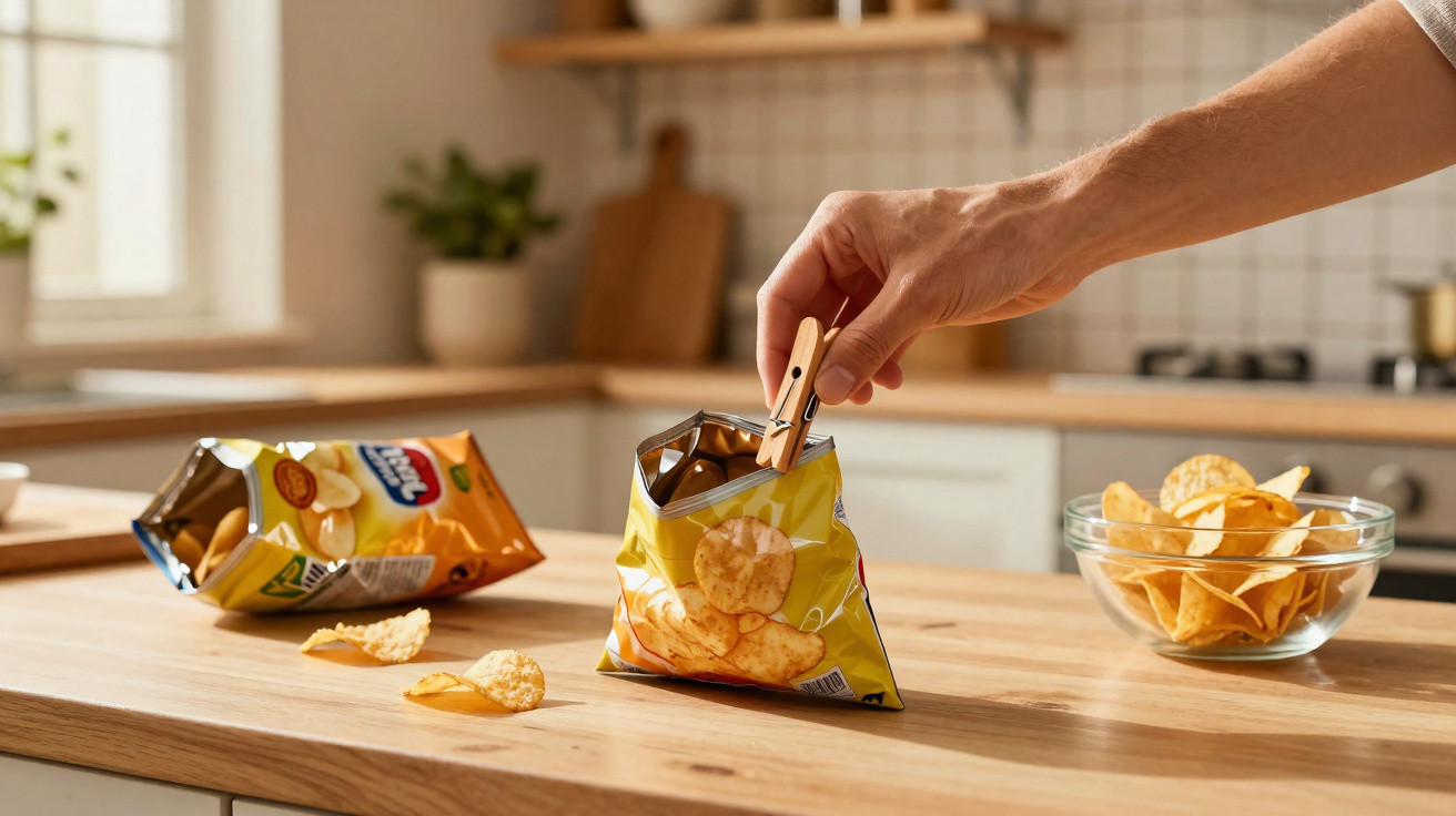 Pessoa a fechar saco de batatas fritas com um molinete numa cozinha moderna.