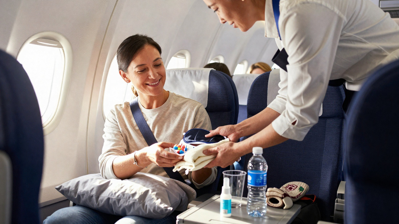 Comissária de bordo oferece kit de conforto a passageira sorridente num avião.