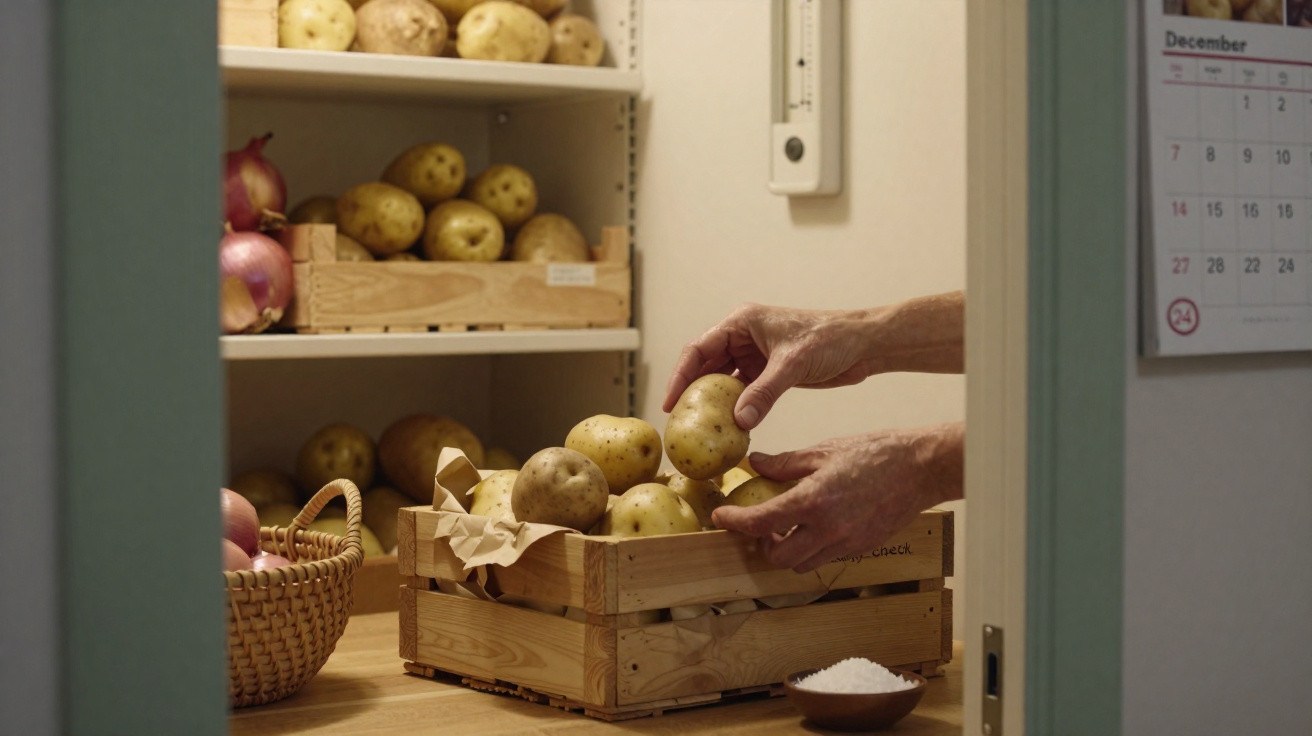 Mãos a organizar batatas numa caixa de madeira numa despensa com cebolas e calendário ao fundo.
