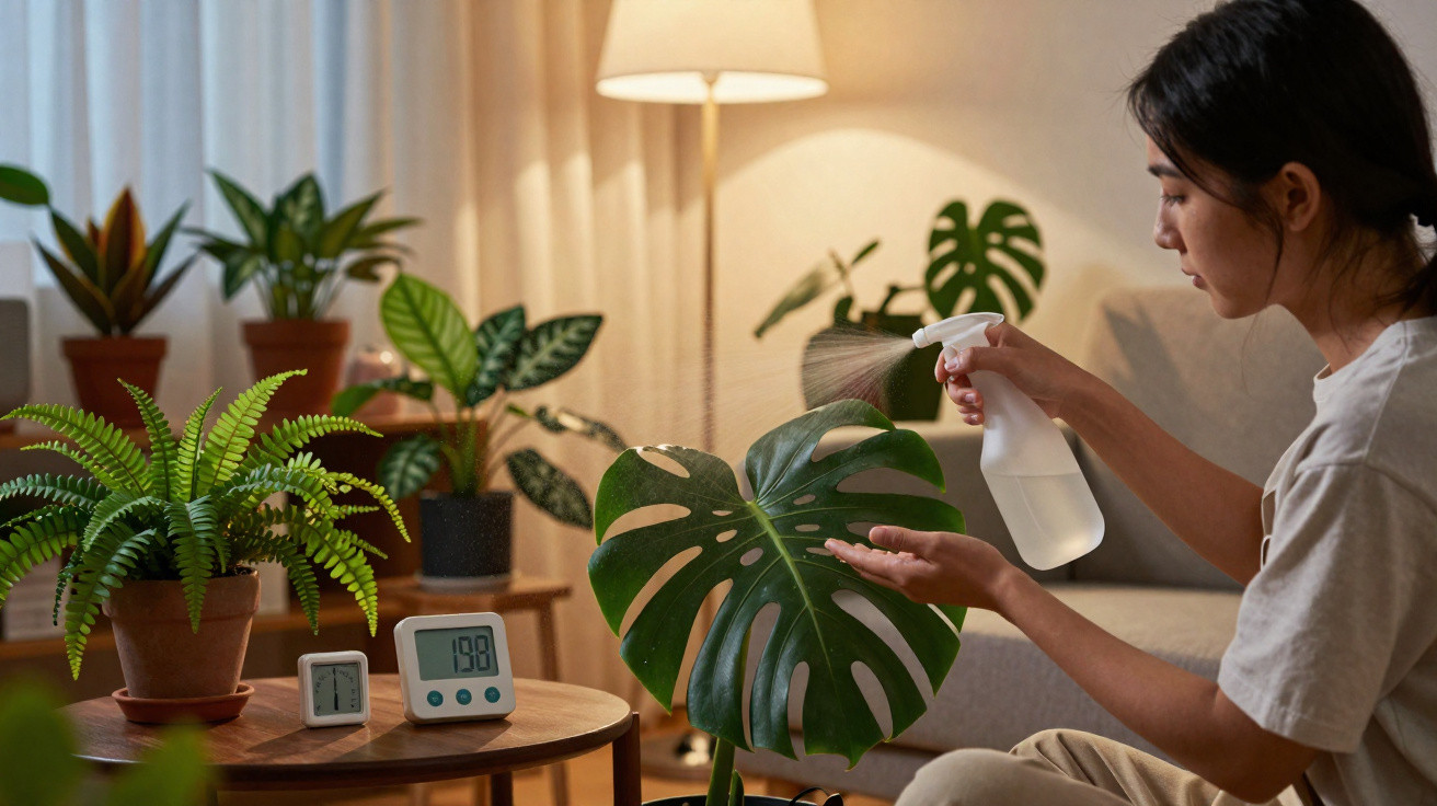 Pessoa rega plantas de interior com pulverizador numa sala iluminada e cheia de plantas verdes.