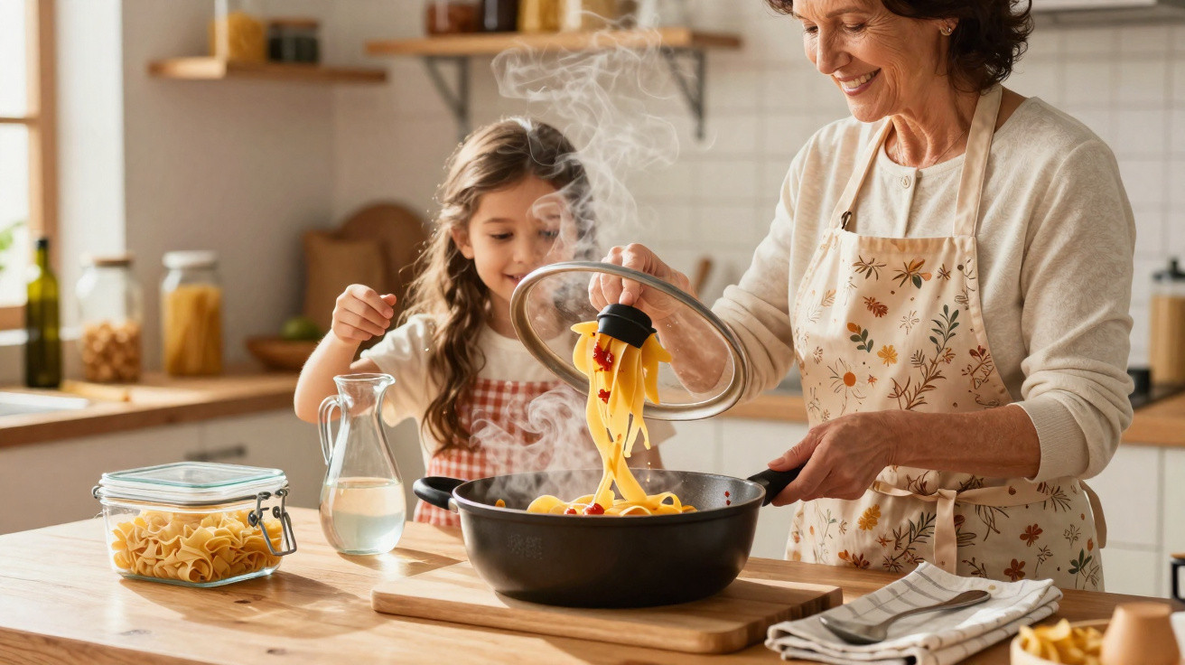 Avó a servir massa quente numa frigideira enquanto neta observa na cozinha luminosa.