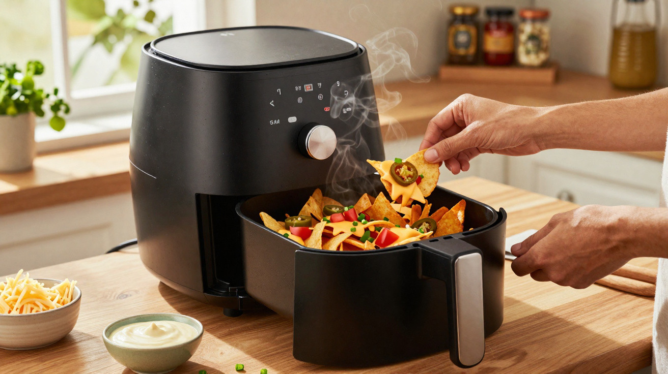 Máquina de air fryer preta a cozinhar nachos com queijo, pimentos e ervas numa cozinha iluminada.