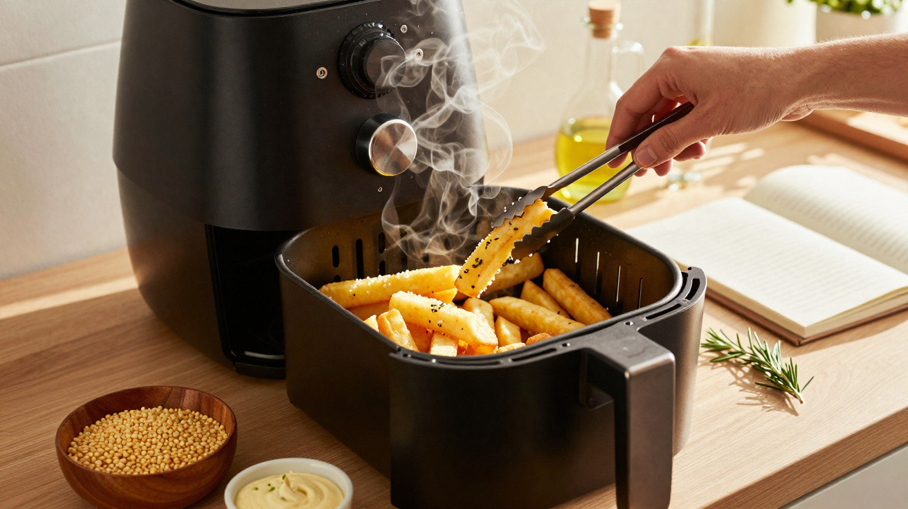 Mão retira batatas fritas quentes a fumegar de friggideira elétrica numa cozinha bem iluminada.