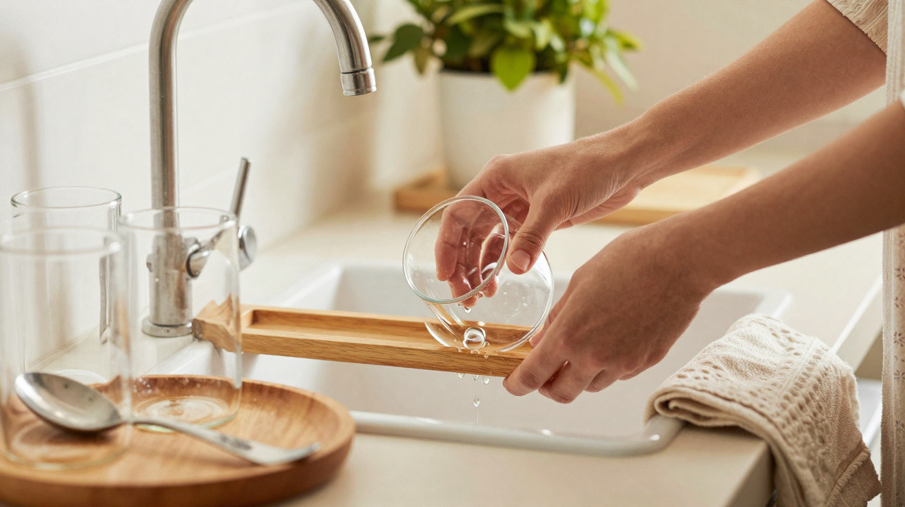 Pessoa a enxaguar um copo de vidro numa cozinha com composição de loiça sobre a bancada.
