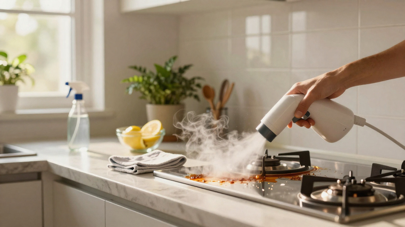 Alguém a limpar gordura queimada no fogão a gás com um dispositivo de vapor na cozinha moderna.