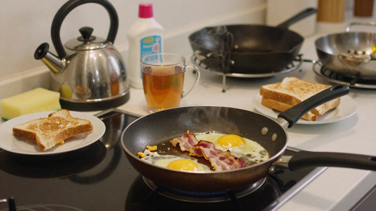 Frigideira com ovos estrelados e bacon a cozinhar num fogão com torradas e chá ao lado.