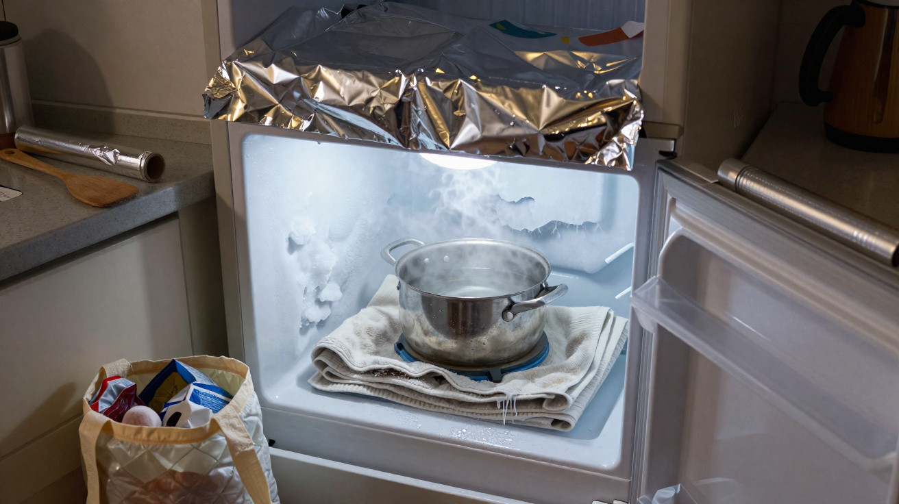Panela com vapor colocada dentro de um congelador aberto sobre toalha para descongelar alimentos.
