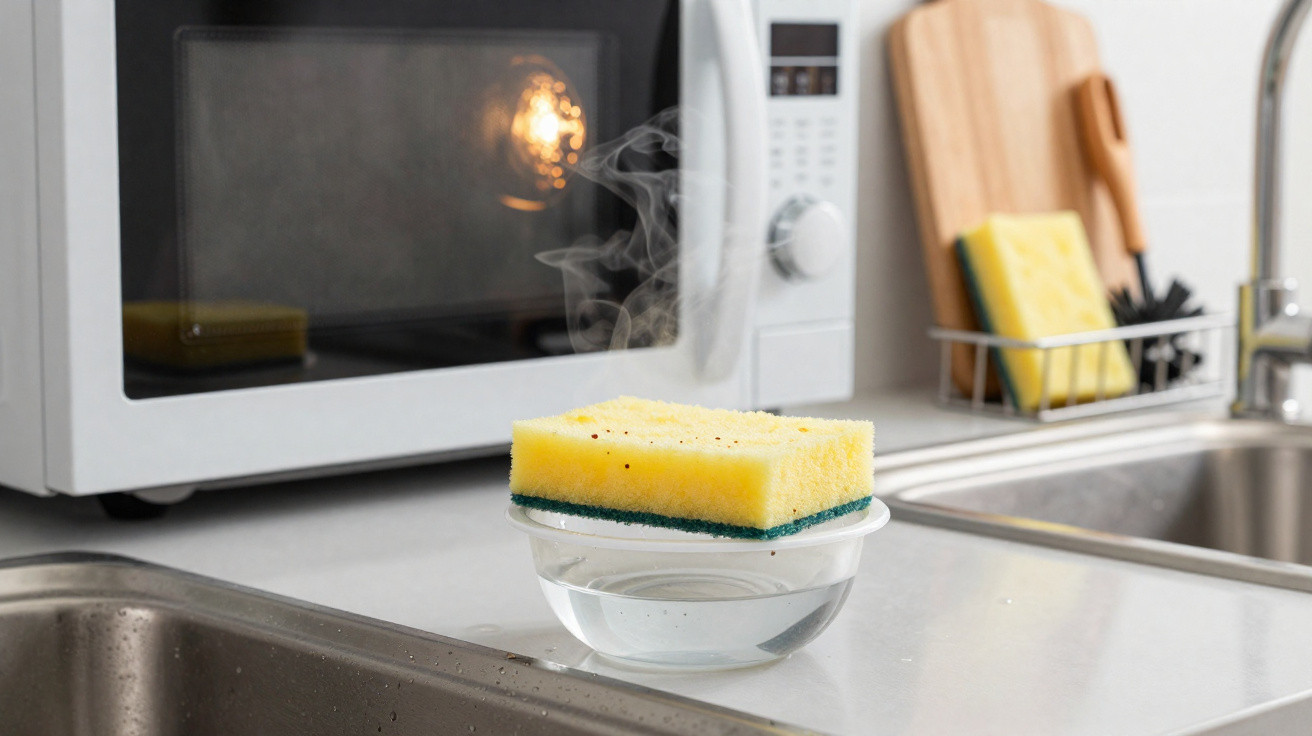 Esponja amarela sobre um recipiente com água a vaporizar, em bancada de cozinha ao lado de micro-ondas e lava-louças.